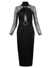 Women | RASARIO | Draped Satin Lace Midi Dress With Buckle And Ring | Black