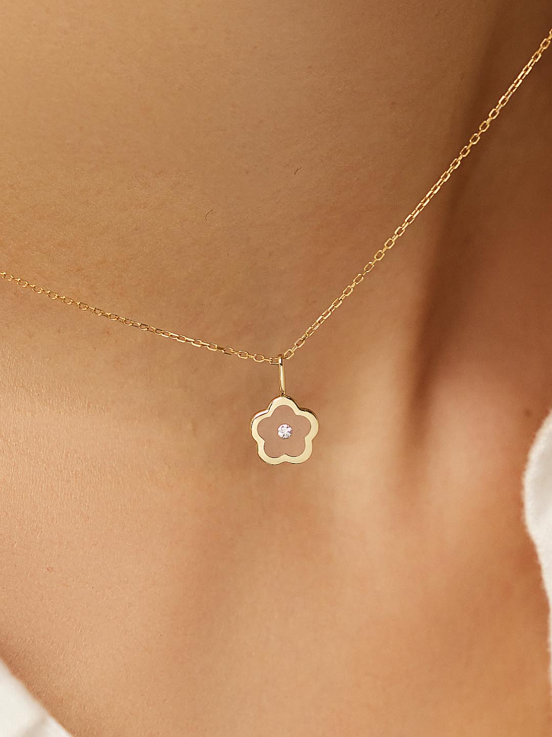 Flower Floating Charm Pendant | 10K Solid Gold | 0.01 CTW Diamond/Clear Enamel