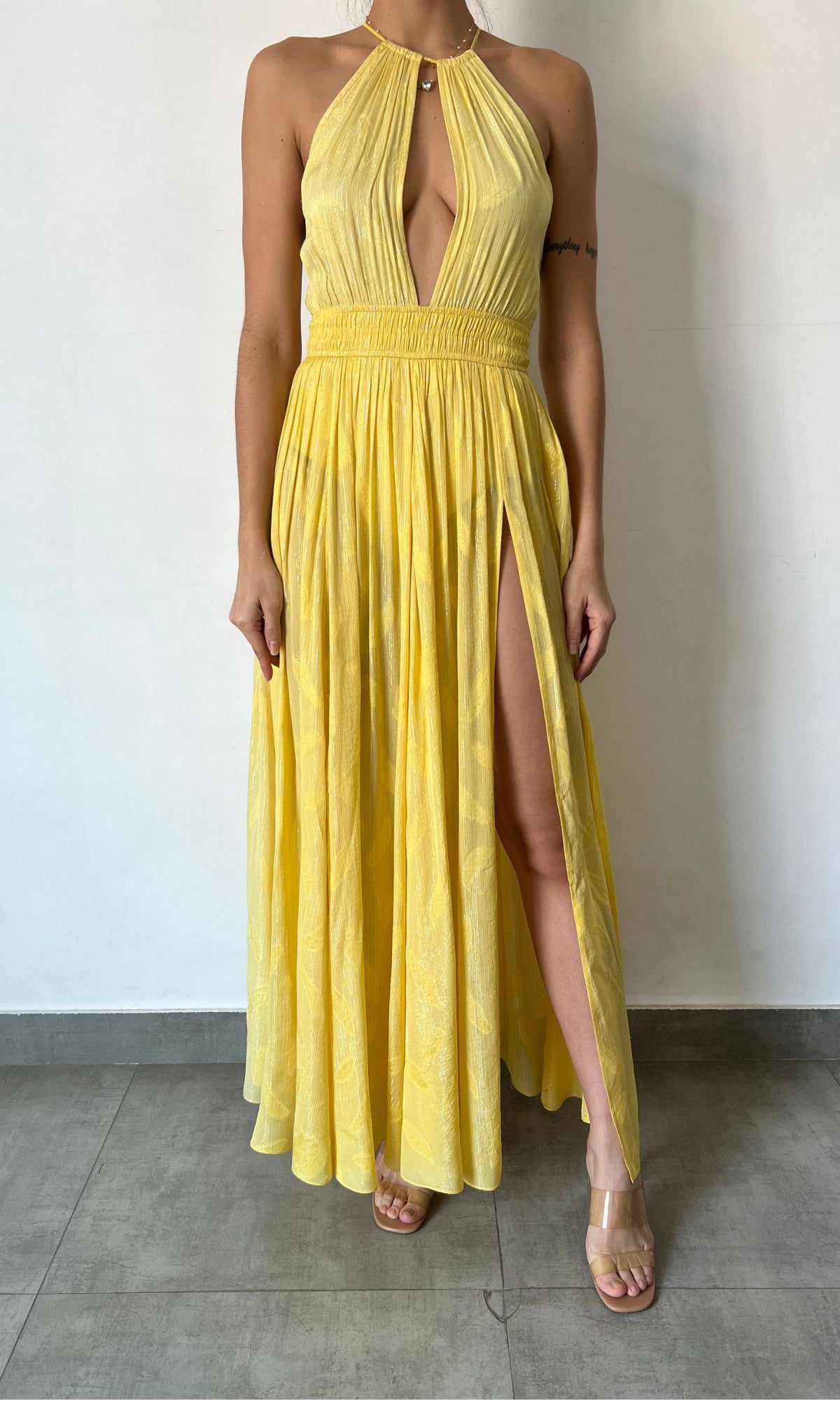 Rococo Sand | Cari Viscose Jacquard With Lurex Long Dress | Yellow