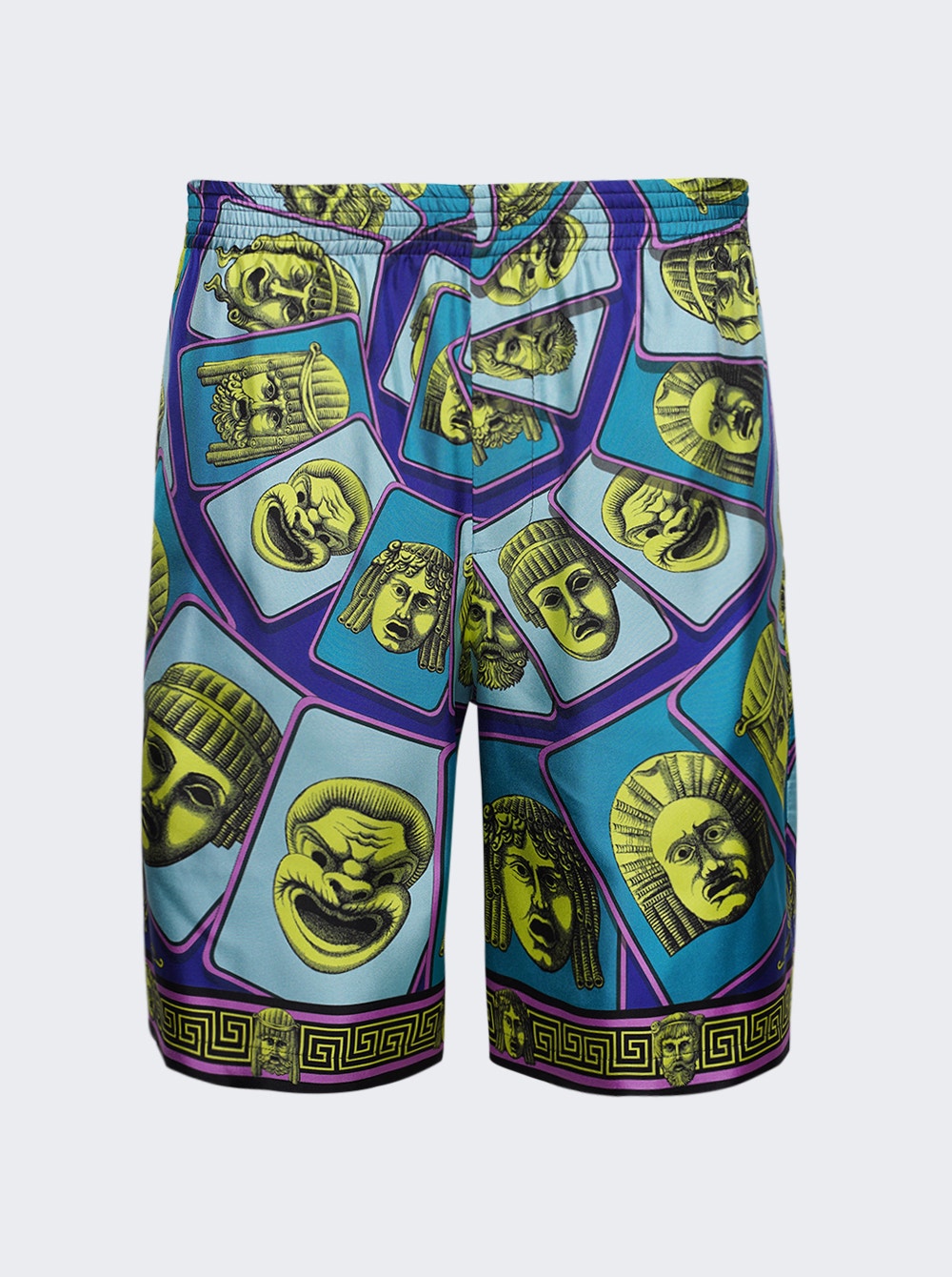 Men | Versace | Twill Silk Mask Print Shorts | Acid Green & Teal