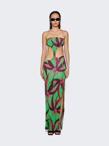 Women | Louisa Ballou | Long Carve Dress | Green With Red Flowers