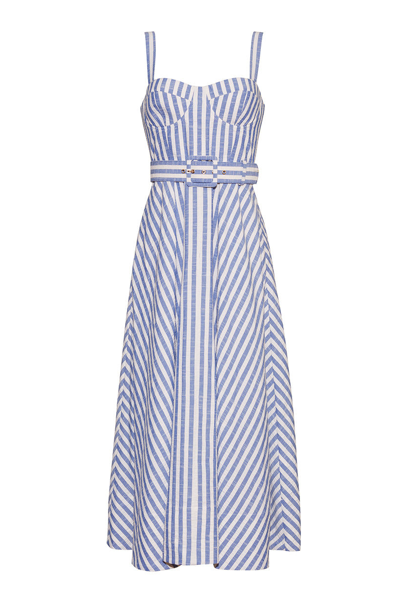 Calypso Dress | Ivory Blue Striped Seersucker
