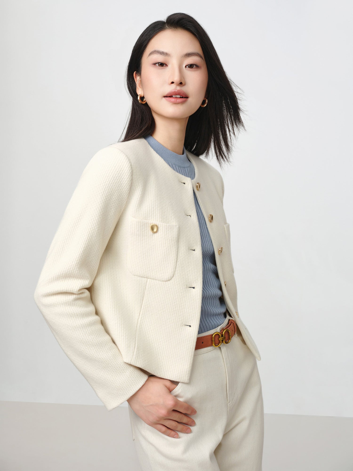 Tweed-Style Plaid Collarless Jacket | White
