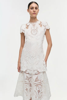 White lace dress with short sleeves, ornate cutout patterns, and tiered ruffle hem.