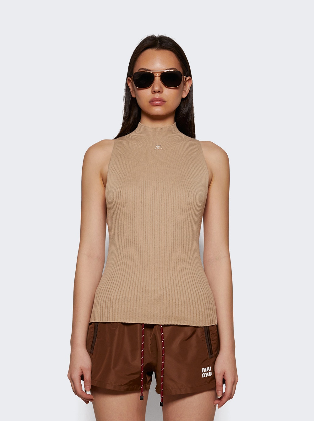 Women | Courrèges | Mockneck Light Rib Top Capuccino | Tan