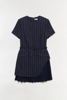 Navy pinstriped mini dress with short sleeves, belted waist, patch pockets, and pleated skirt hem.