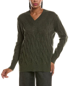 Forte Cashmere | Womens | Long Cable V-Neck Cashmere Sweater | Green