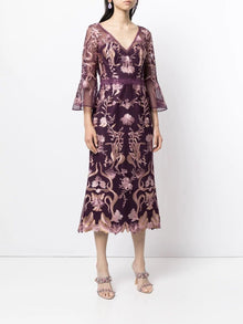 3/4 Bell Sleeve Guipure Cocktail Marchesa