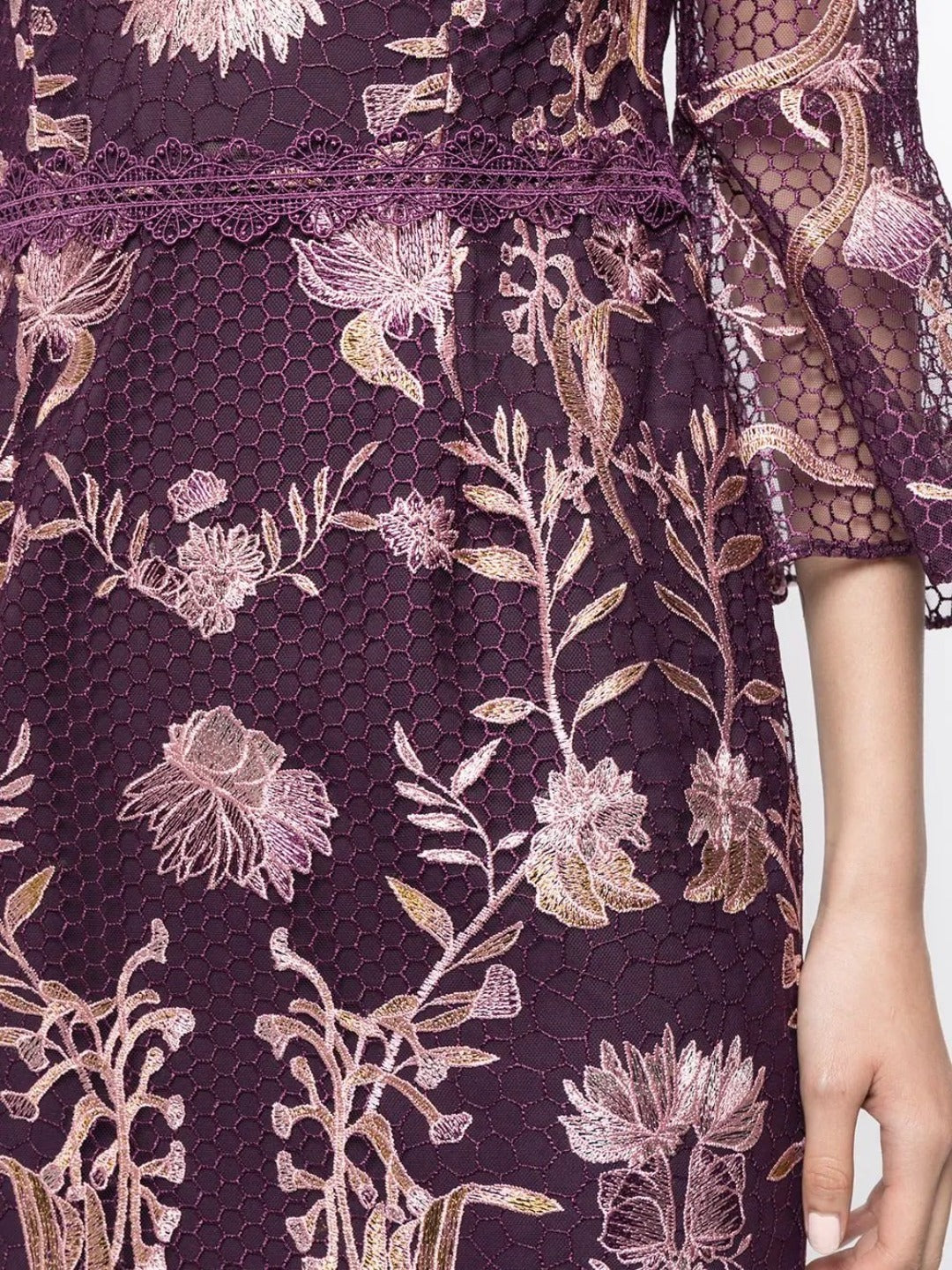 3/4 Bell Sleeve Guipure Cocktail Marchesa