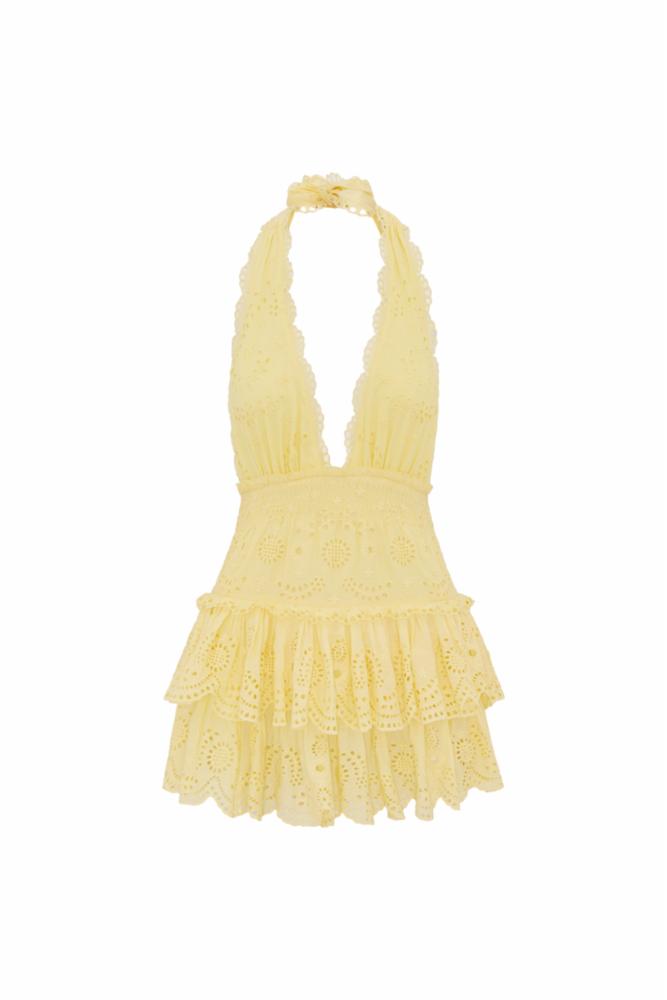 Janea Eyelet Lace Mini Halter Dress | Citron