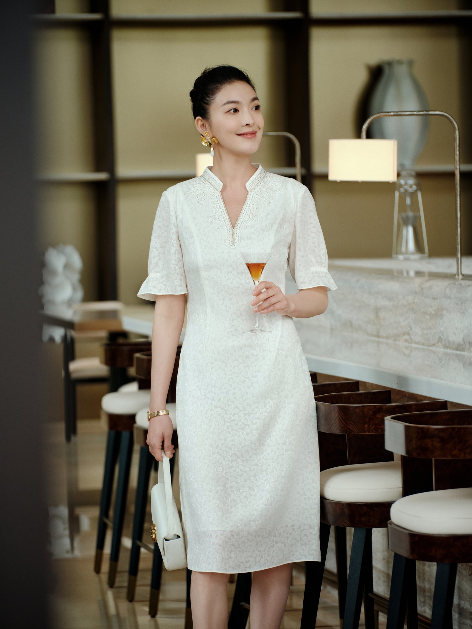 Silk Flower Brocade Dress | White