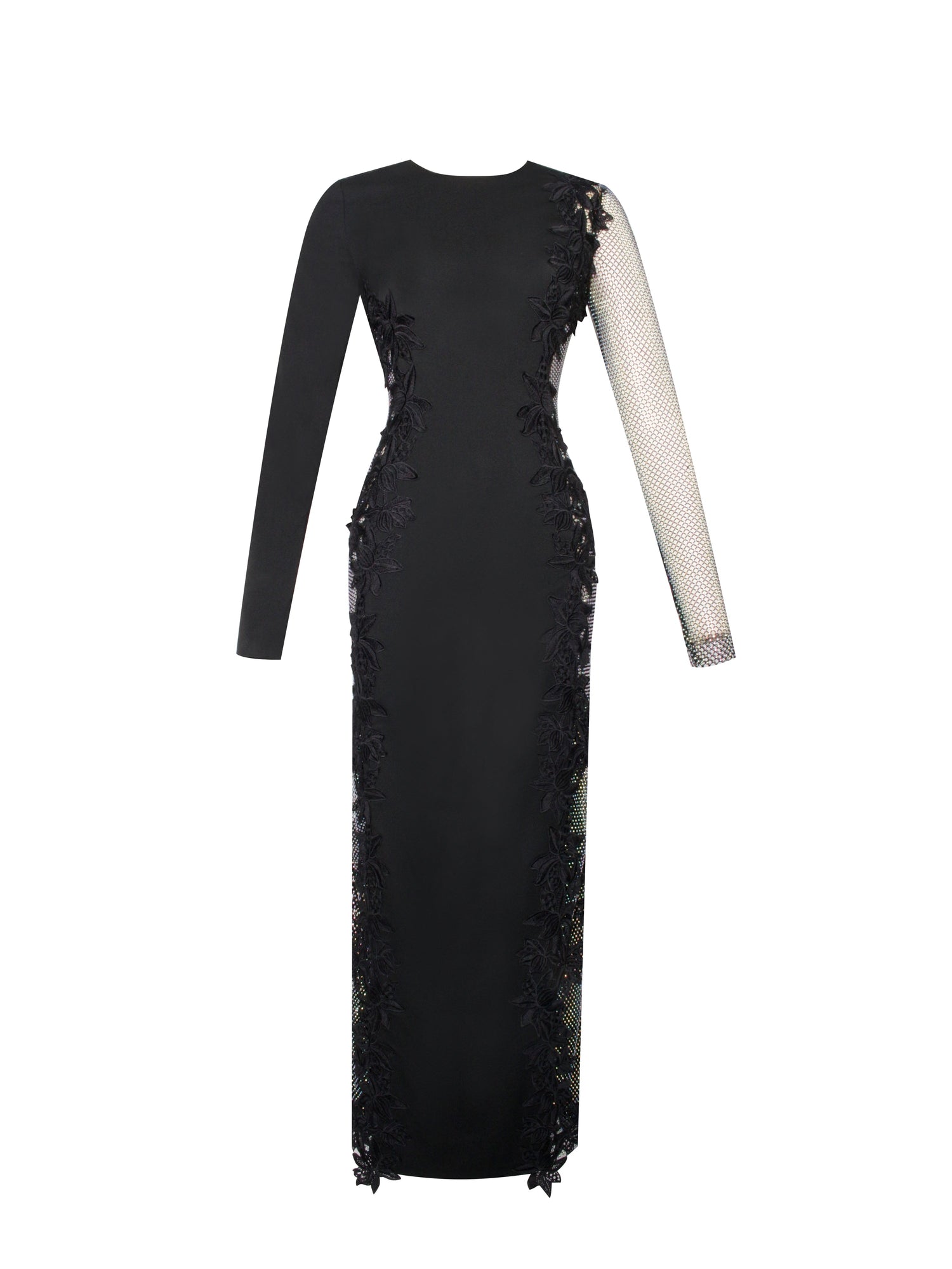 Bailey Lace Trim Crystal Net Cutout Long Sleeve Gown | Black