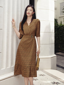 One-Piece Tea-Length Dress | Brown