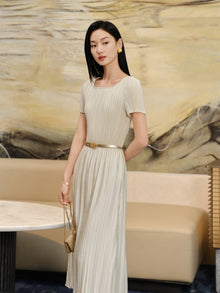 Pleated Waist-Cinched Dress | Golden