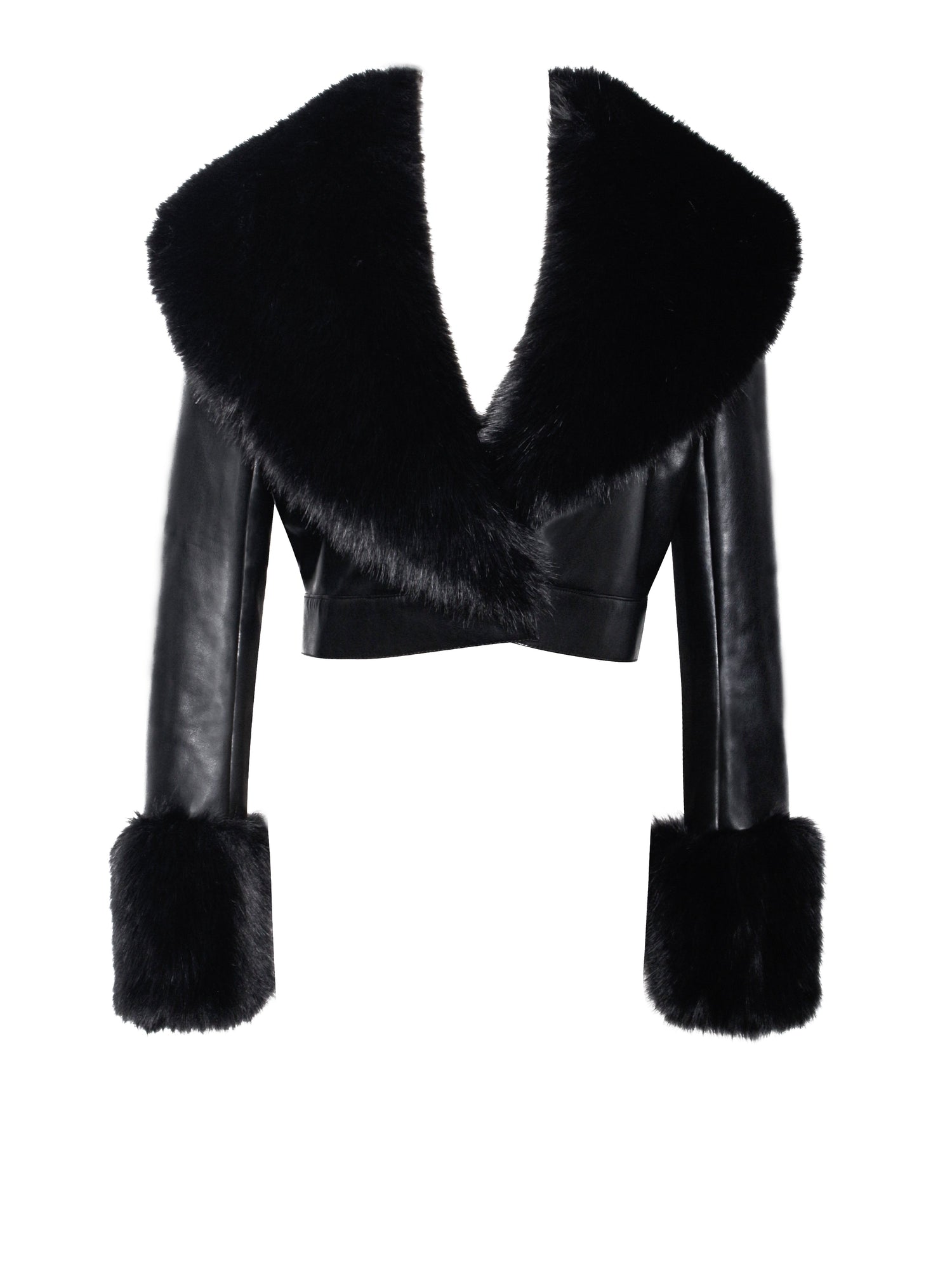 Ziah Cropped Leather Jacket with Fur Collar | Black