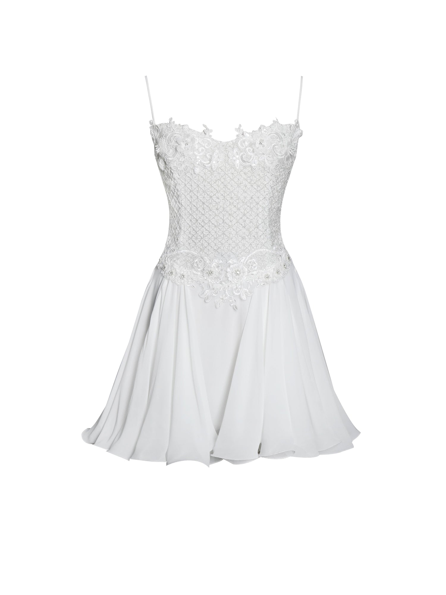 Fabiola Lace Trim Net Top Mini Flare Chiffon Dress | Silver
