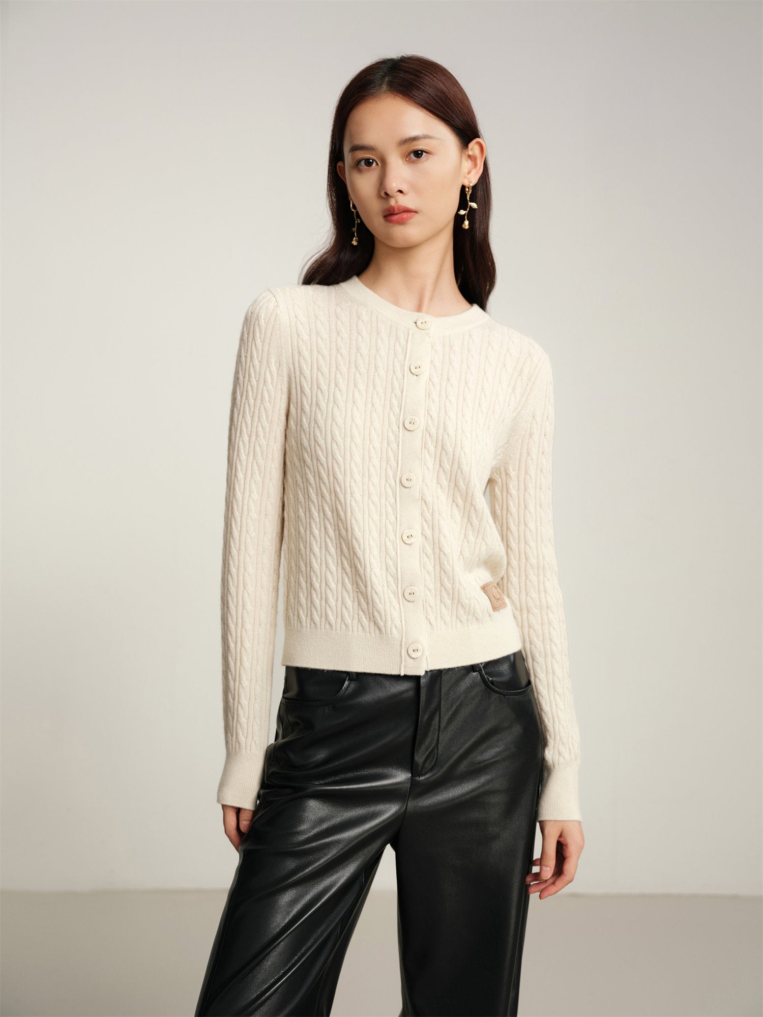 Twisted Cable Knit Round Neck Cardigan | Beige