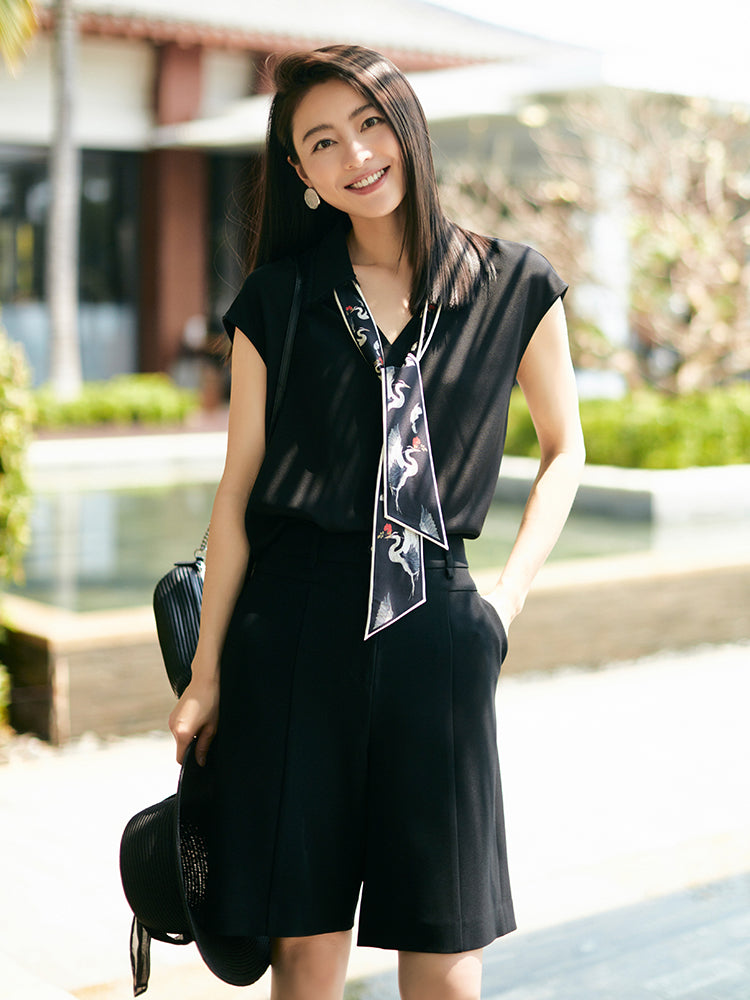 convertible collar mulberry silk blouse | Black