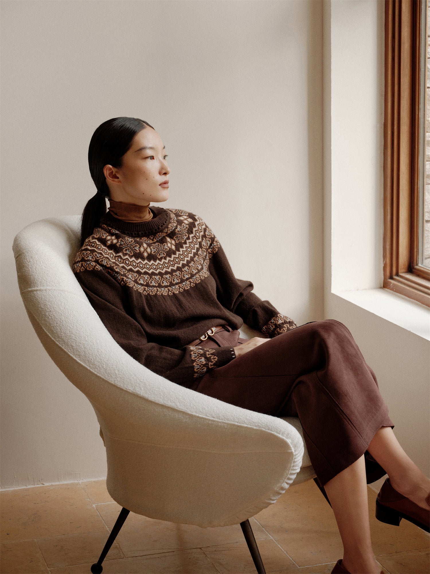Coffee Yak Wool Ethnic Jacquard Pullover Sweater | Brown