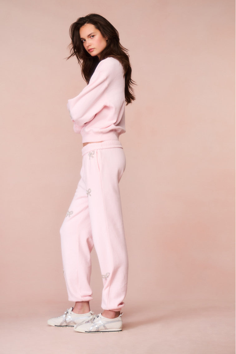 Lillia Crystal Bow Fleece Sweatpant | Icicle Pink