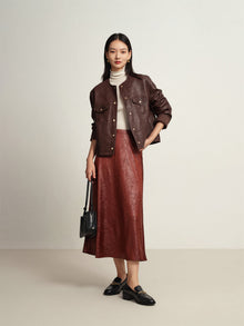 Leather Round Neck Leather Jacket | Brown