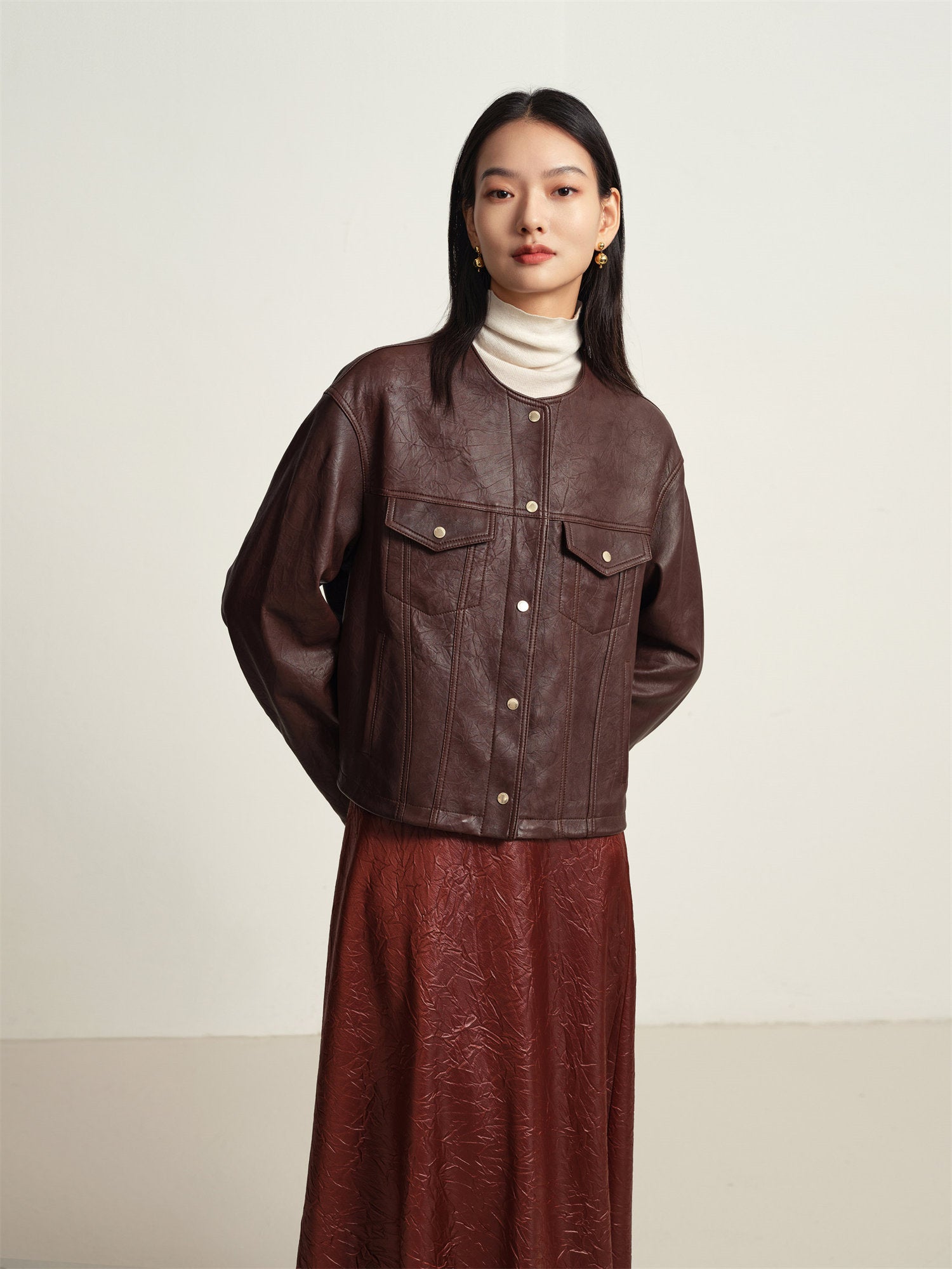 Leather Round Neck Leather Jacket | Brown