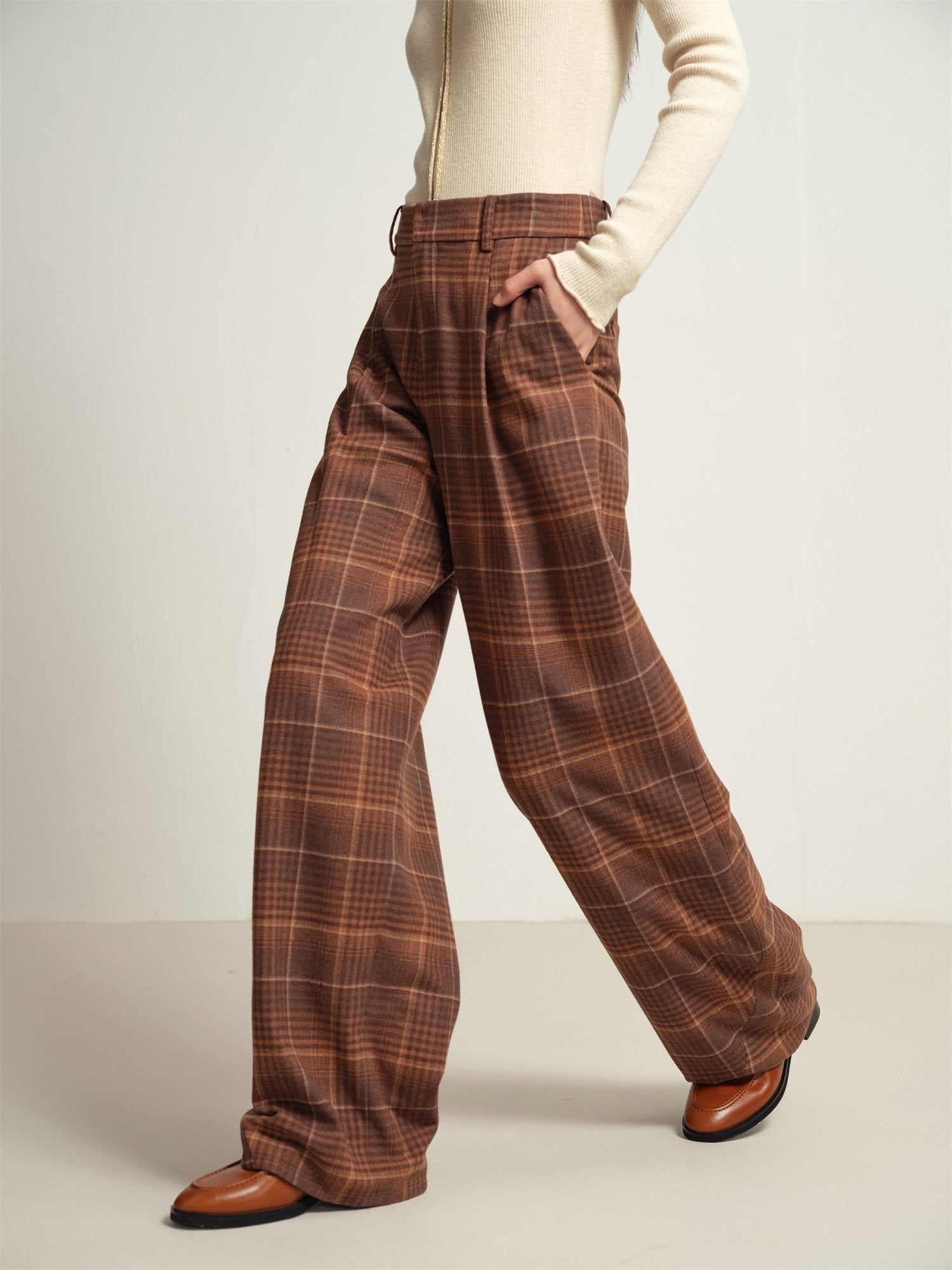 Fine Yak Cashmere Wool Blend Plaid Pants | Brown
