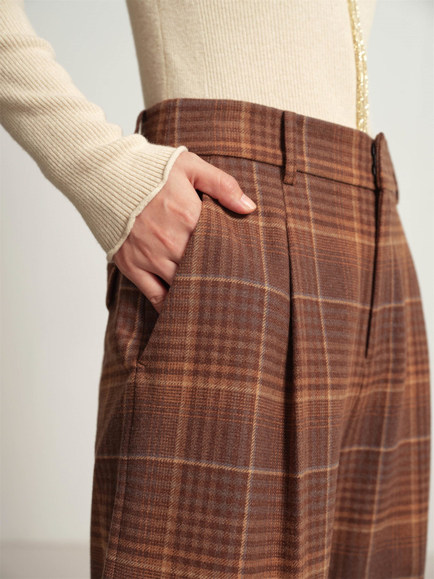 Fine Yak Cashmere Wool Blend Plaid Pants | Brown