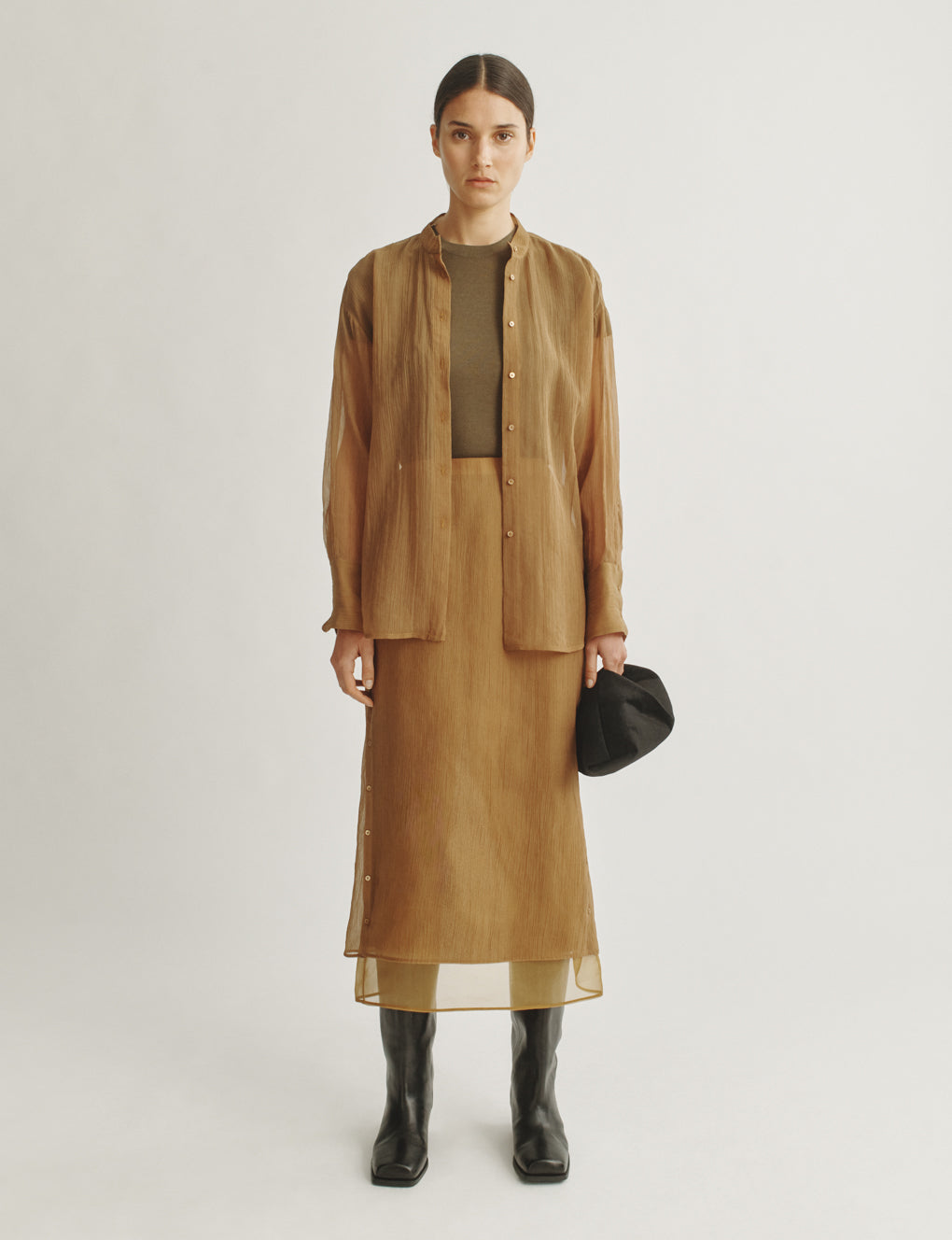 Womens | The Sheer Overlay Skirt in Starched Chiffon | Bronze