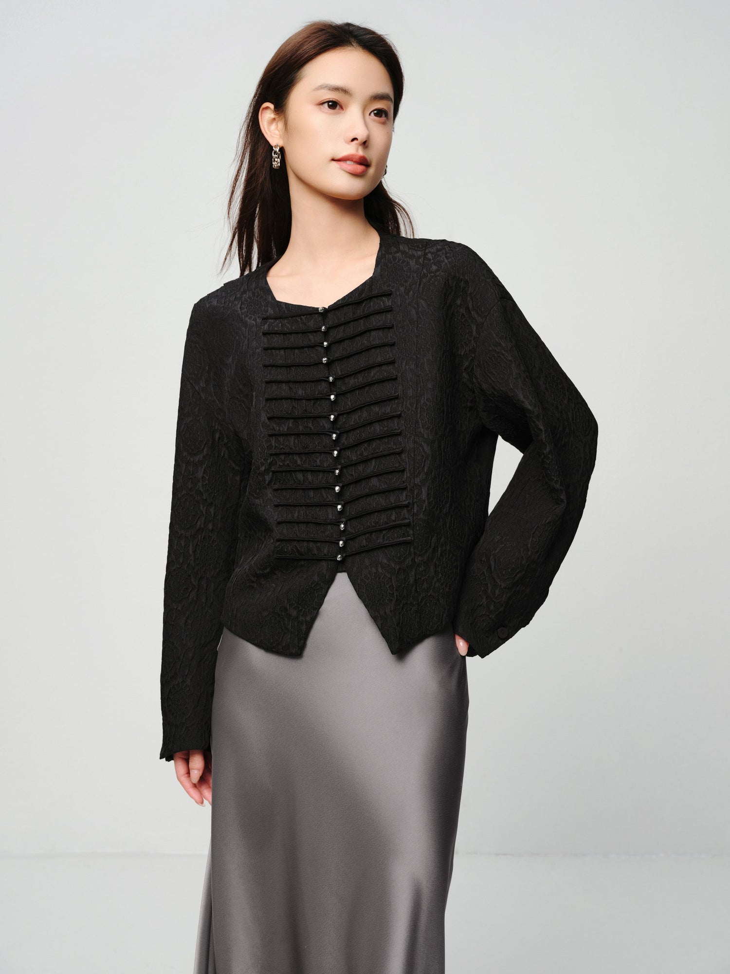 Mulberry Silk Wool Jacquard Frog Button Jacket | Black