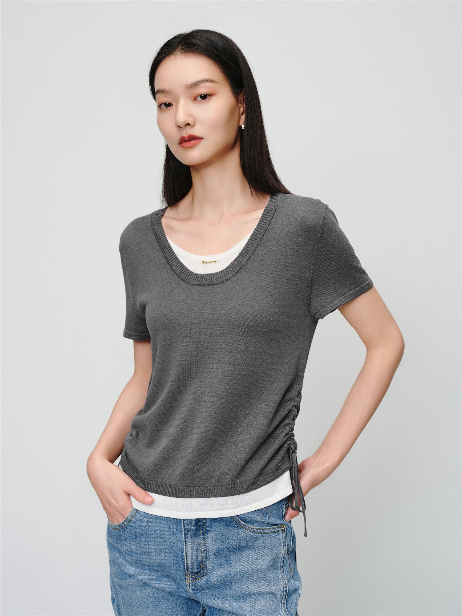 Linen Blend Crew Neck T-Shirt | Grey