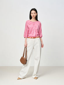 Jacquard Round-Neck Three-Quarter Sleeve Shirt | Pink