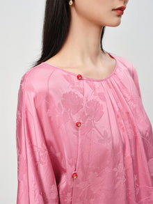 Jacquard Round-Neck Three-Quarter Sleeve Shirt | Pink