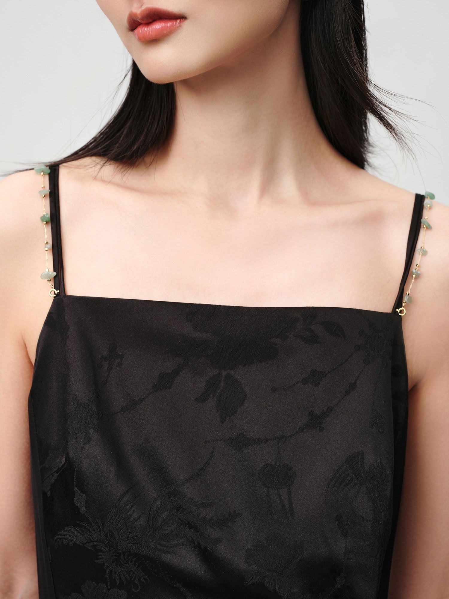 Elegant Mulberry Silk Jacquard Skirt Camisole Dress | Black