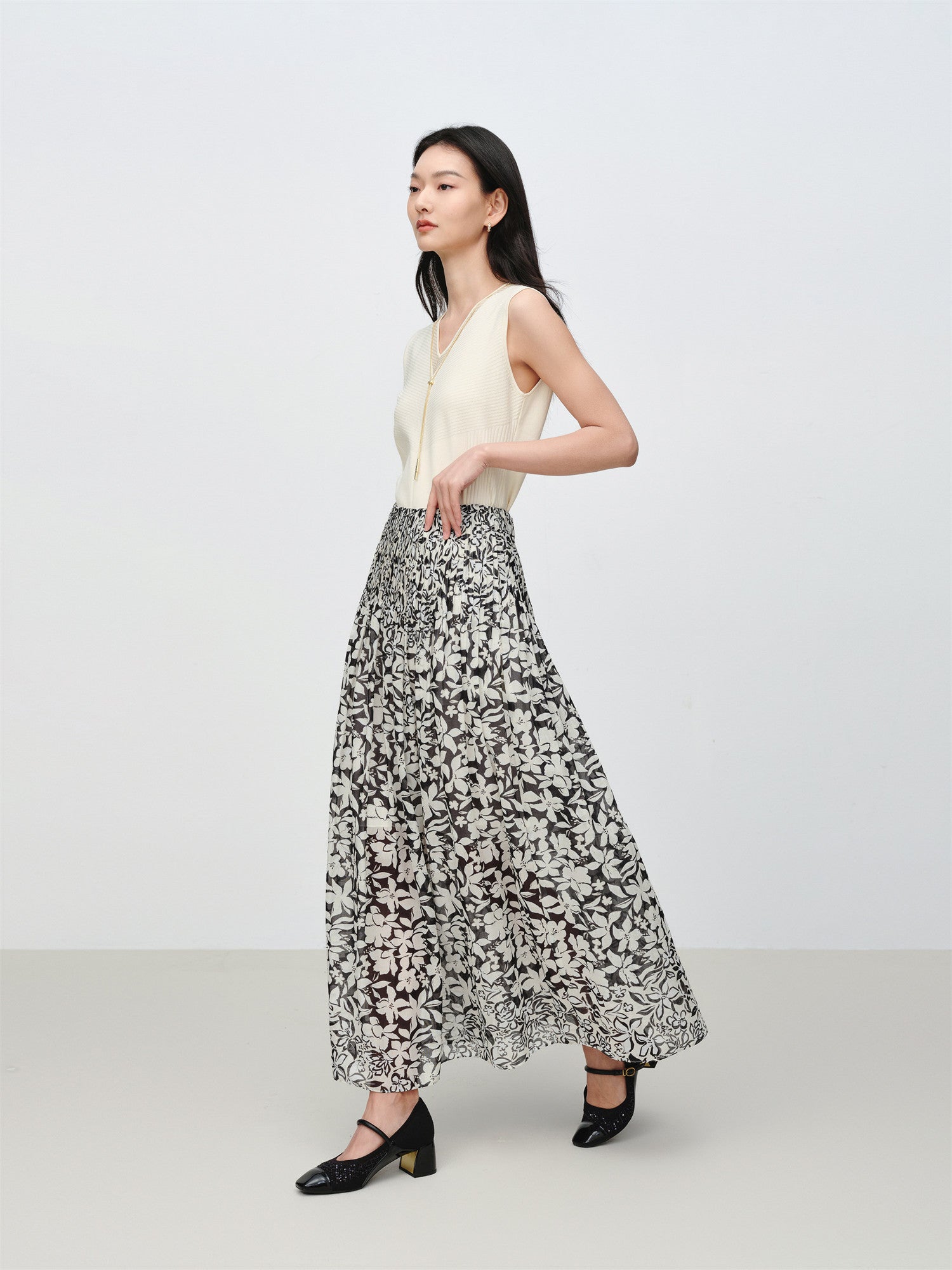 Cotton Printed Pleated Skirt | Black