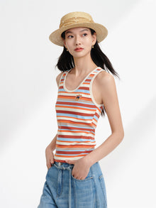 Cotton-Feel Embroidered Crew Neck Vest | Brown