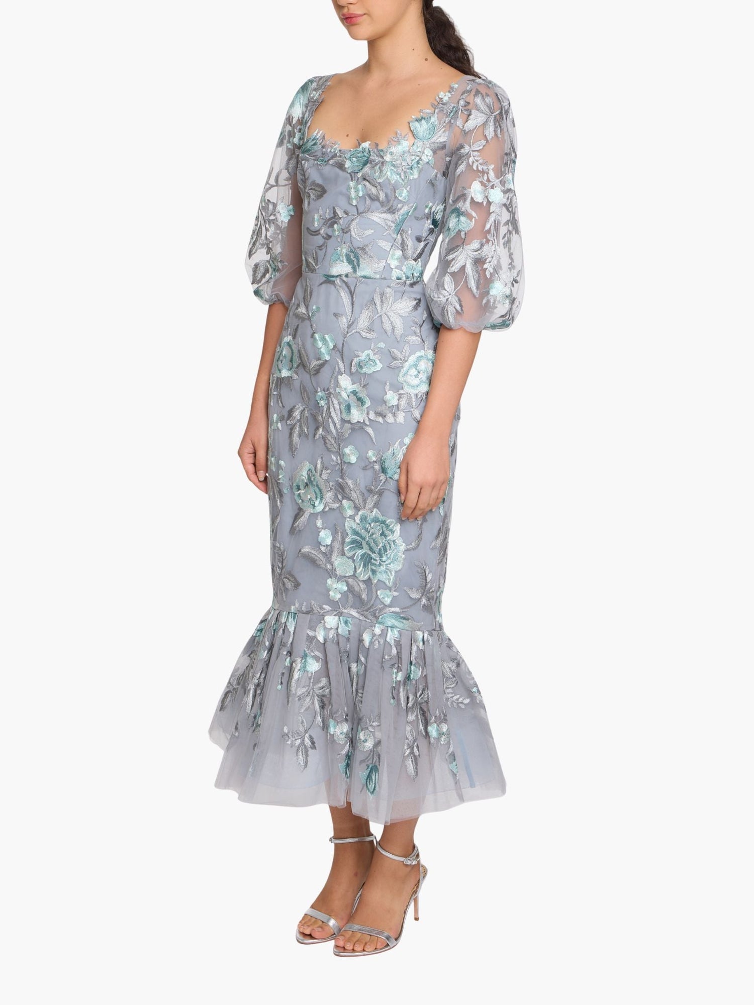 Botanist Bloom Embroidered Puff Sleeve Midi Dress | Mint
