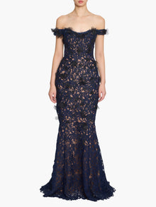 Vivarium Vines Guipure Lace Off Shoulder Gown | Black/Navy