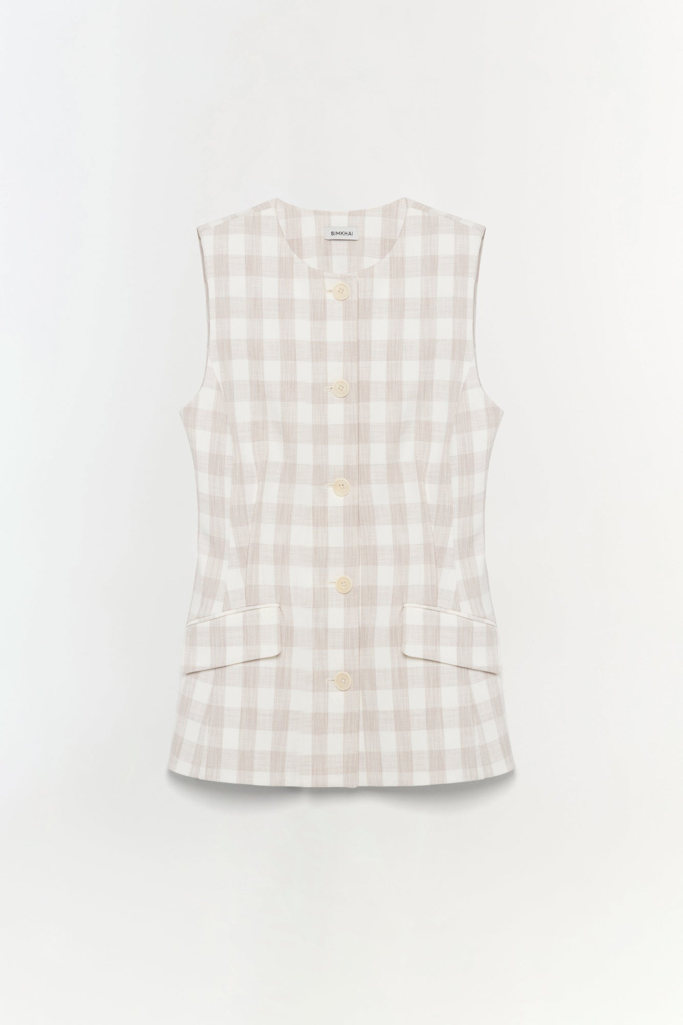 Sleeveless vest in beige and white gingham with button front and two patch pockets.