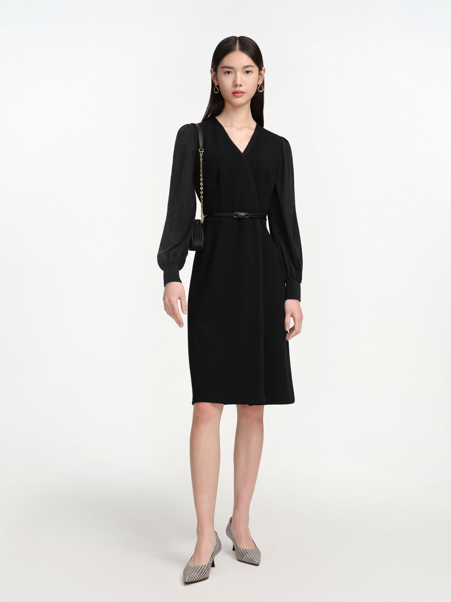V-Neck Sheer Textured Sleeve Midi Dress | Black