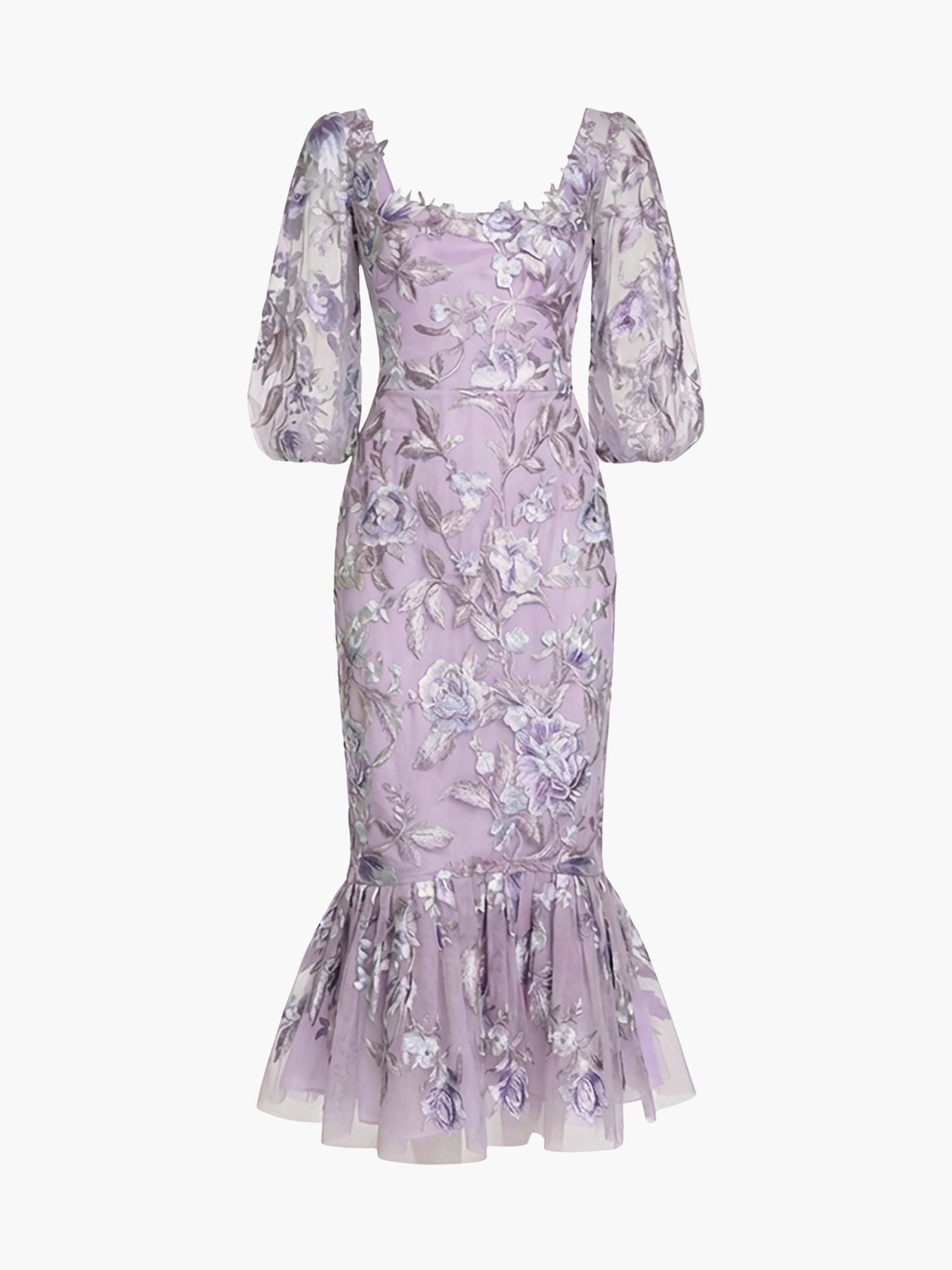 Botanist Bloom Embroidered Puff Sleeve Midi Dress | Lilac