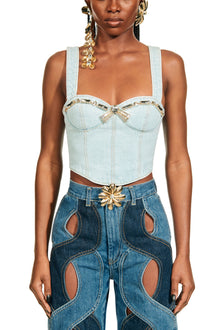 Crystal Trim Denim Bustier | Pale Blue
