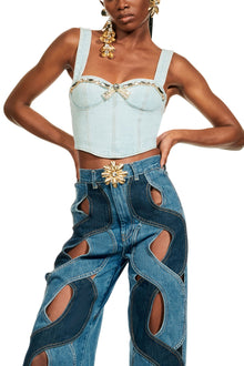Crystal Trim Denim Bustier | Pale Blue