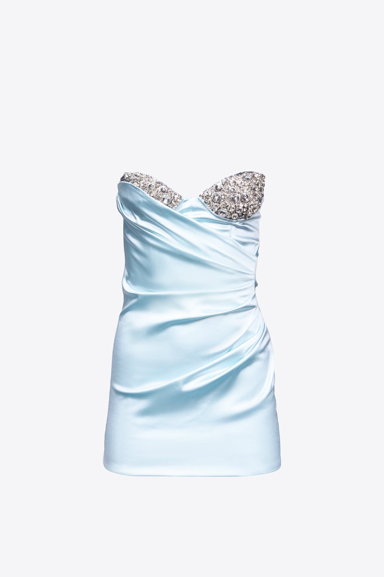 Embroidered Crystal Cup Draped Mini Dress | Ice Blue