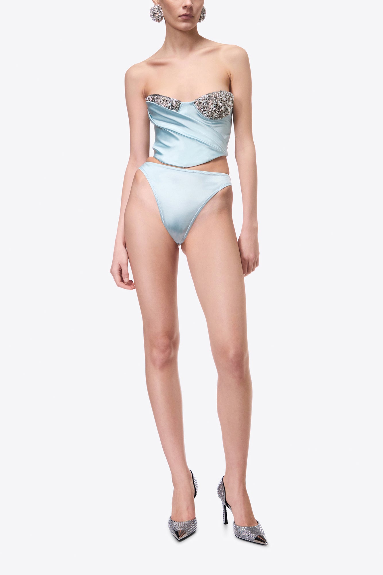 Embroidered Crystal Cup Draped Bustier | Ice Blue