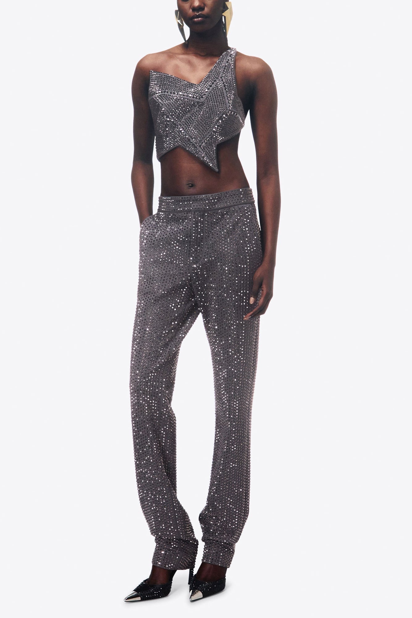 Crystal Embellished Tuxedo Pant | Charcoal