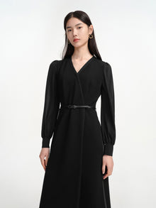 V-Neck Sheer Textured Sleeve Midi Dress | Black