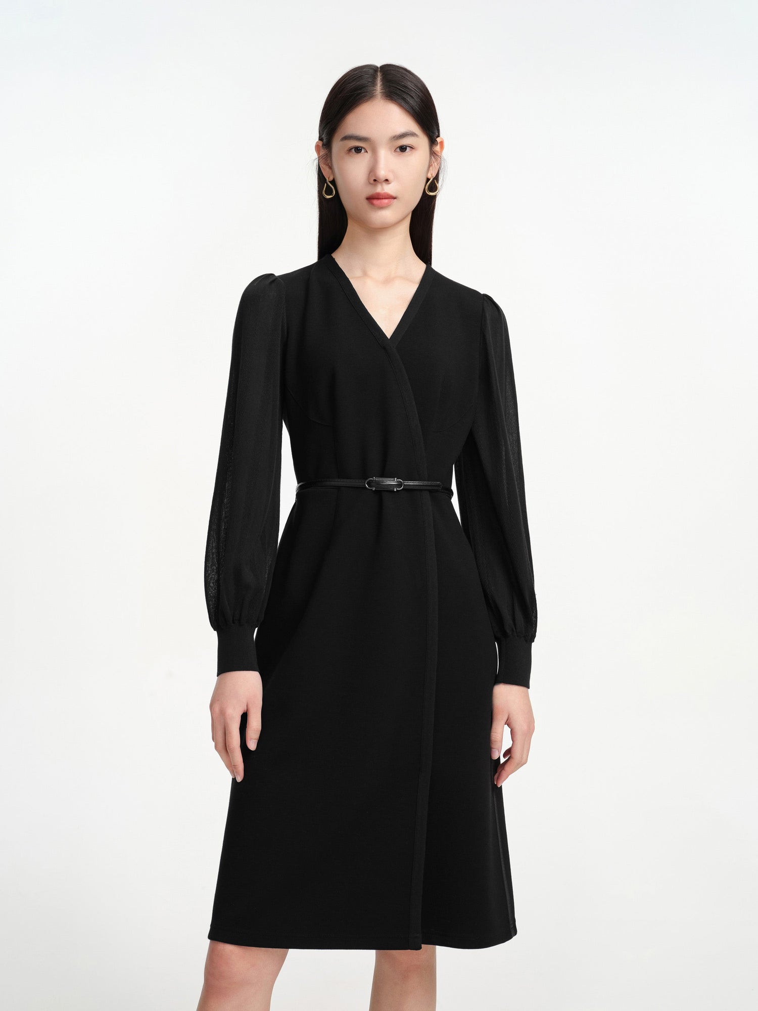 V-Neck Sheer Textured Sleeve Midi Dress | Black