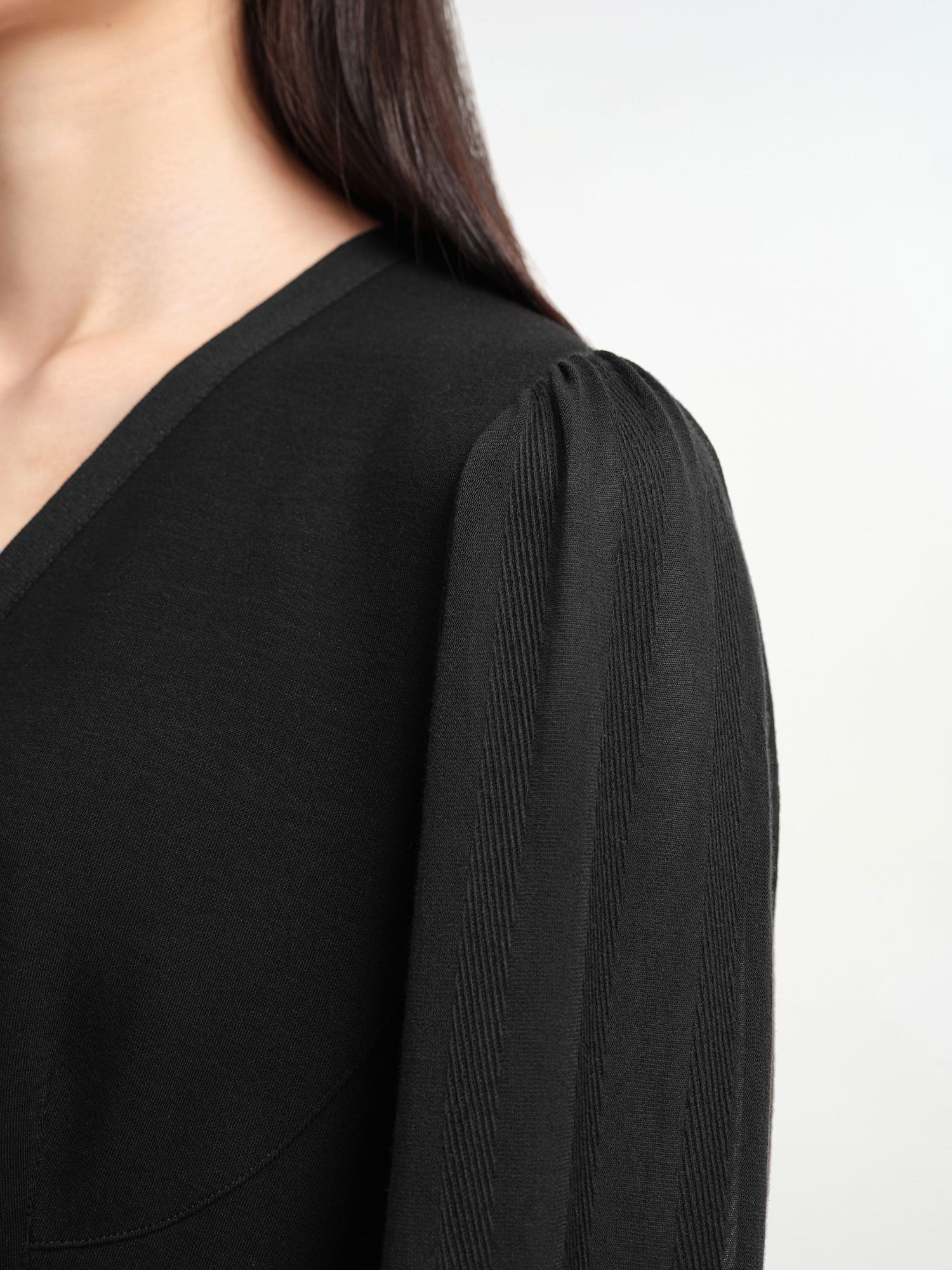 V-Neck Sheer Textured Sleeve Midi Dress | Black