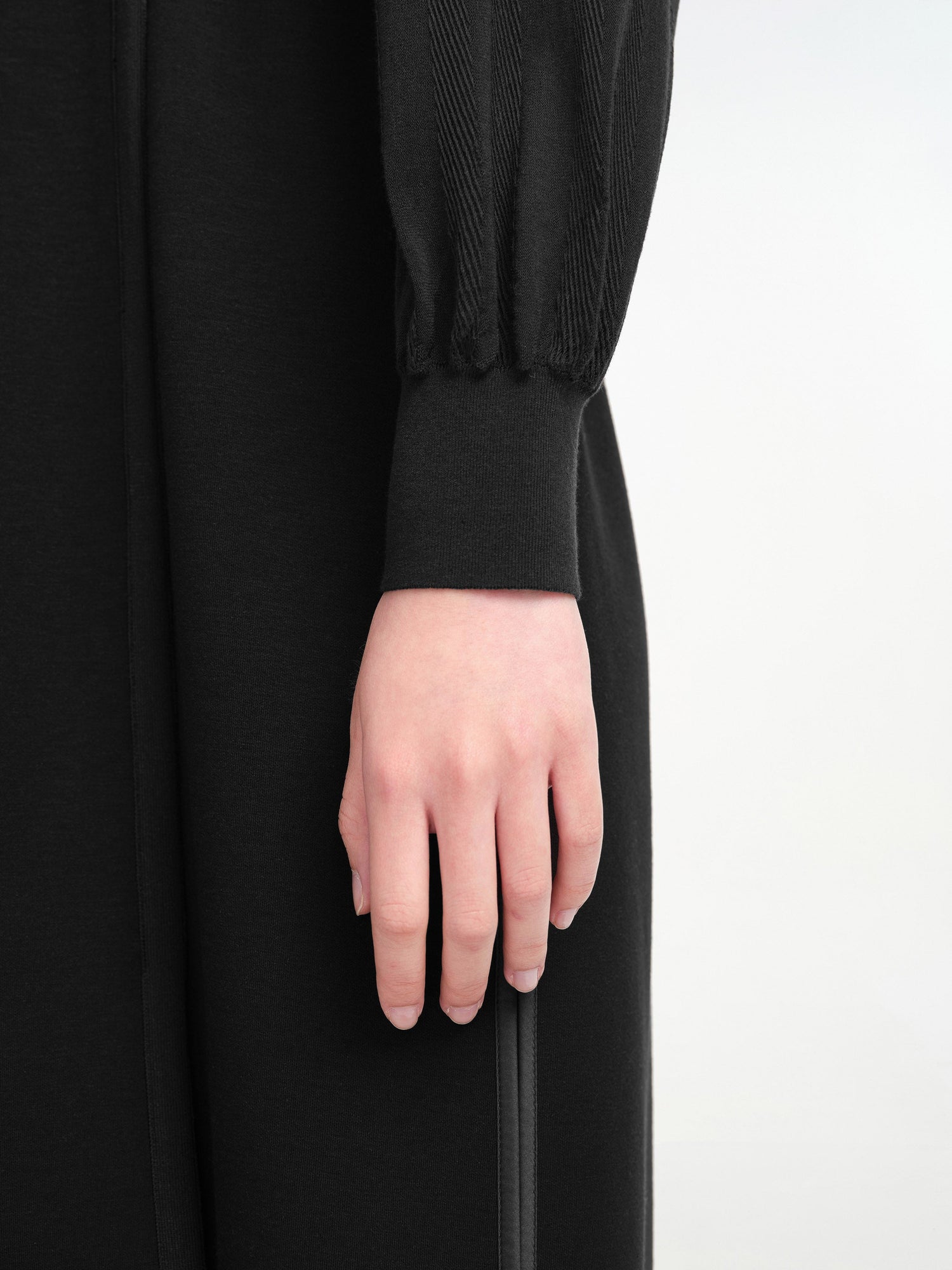 V-Neck Sheer Textured Sleeve Midi Dress | Black